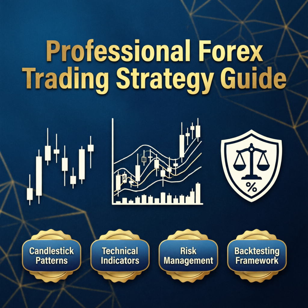 Professional forex trading strategy guide showing candlestick patterns, technical indicators, risk management, and backtesting framework