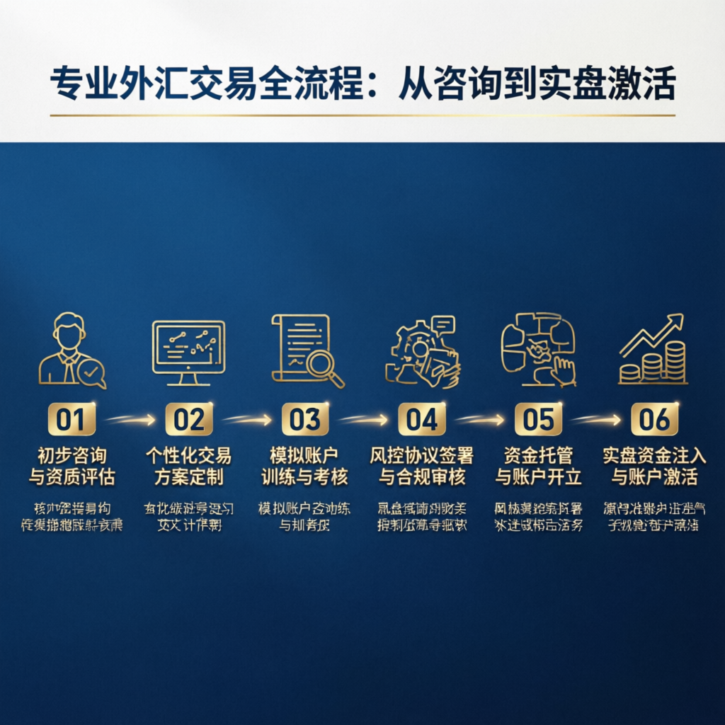 Professional forex trading process flowchart showing 6 steps from consultation to account activation