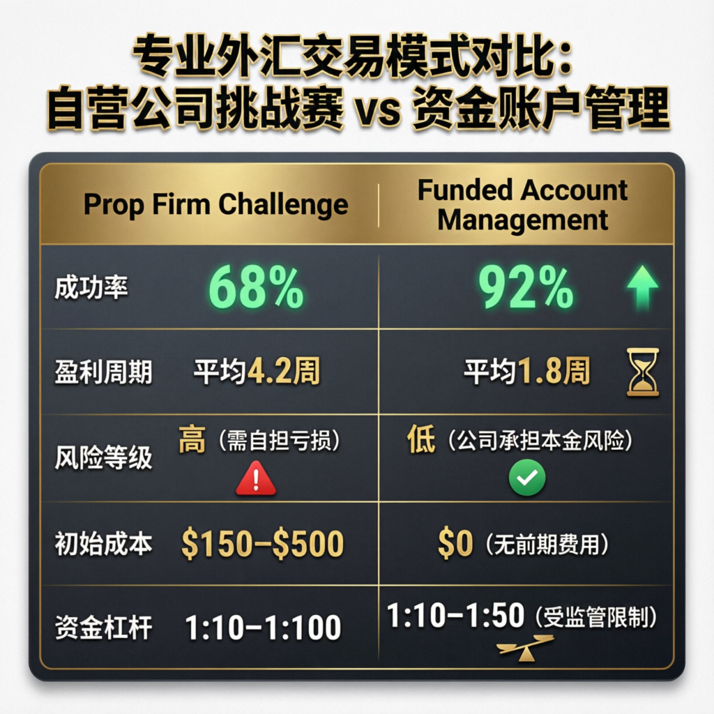 Comparison chart showing prop firm challenge versus funded account management success rates and metrics