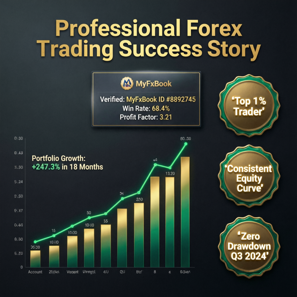 Professional forex trading success story with portfolio growth chart, MyFxBook verification, and achievement badges