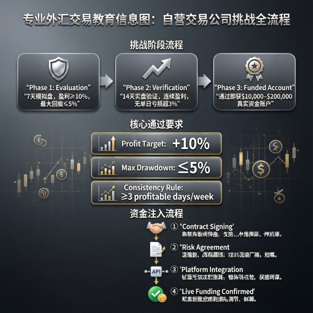 Prop firm challenge phases infographic showing evaluation, verification, and funded account stages