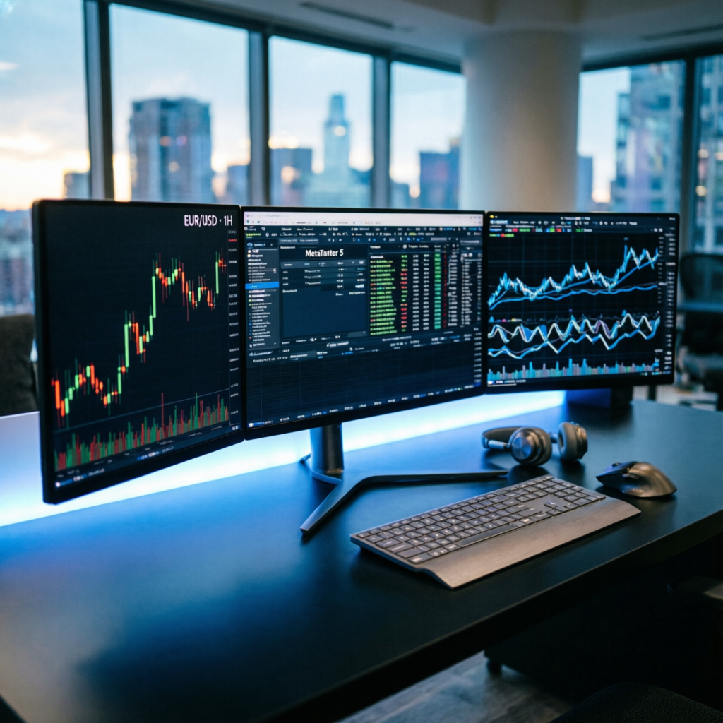 Professional forex trading desk with multiple monitors showing MetaTrader 5 platform, EUR/USD charts, and trading analytics