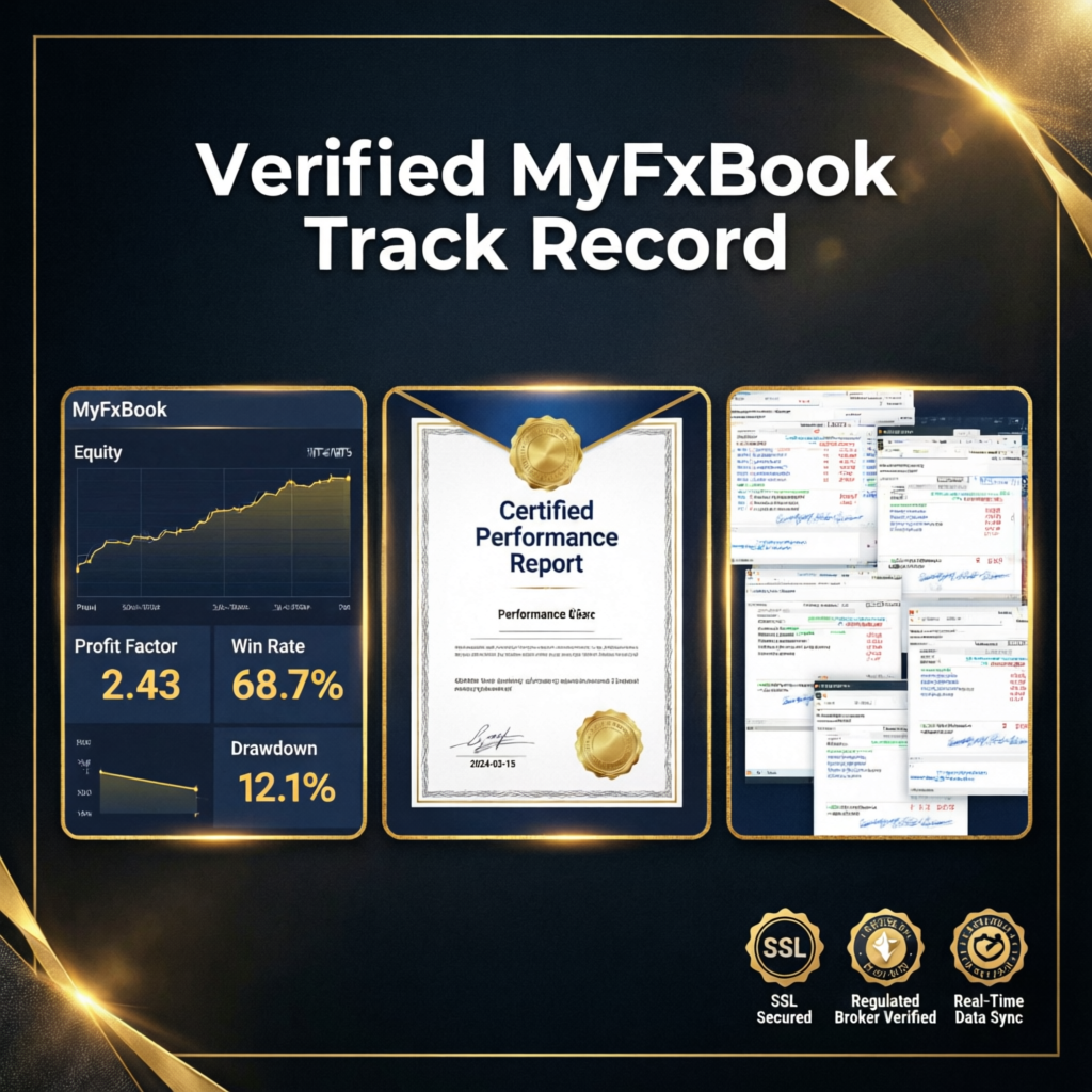 Verified MyFxBook track record showing professional forex trading performance with certificates and trading proof