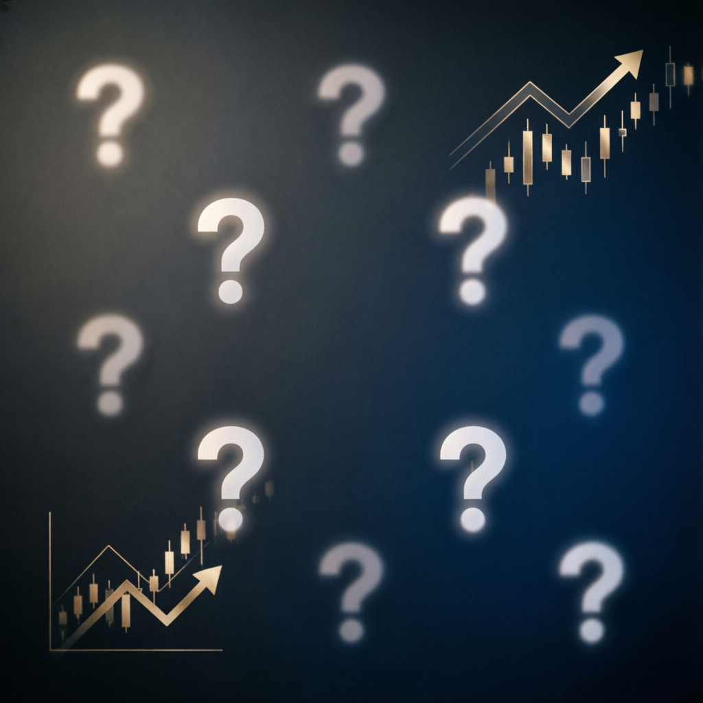 FAQ section background with question marks and forex chart elements representing commonly asked questions