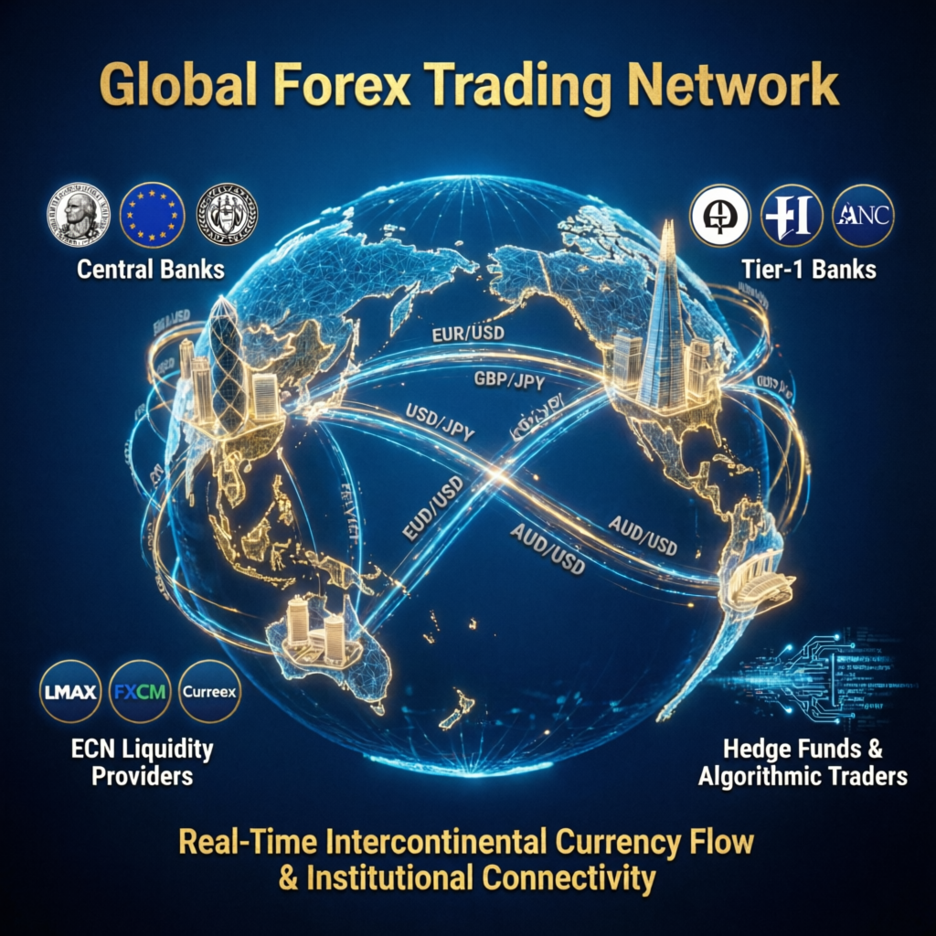 Global forex trading network showing interconnected financial markets and institutional connectivity