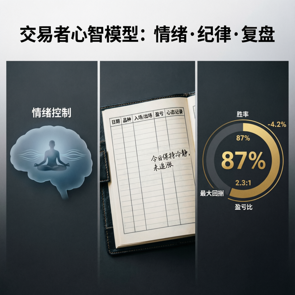 Trading psychology visualization showing emotional control, discipline, and trading journal for performance improvement