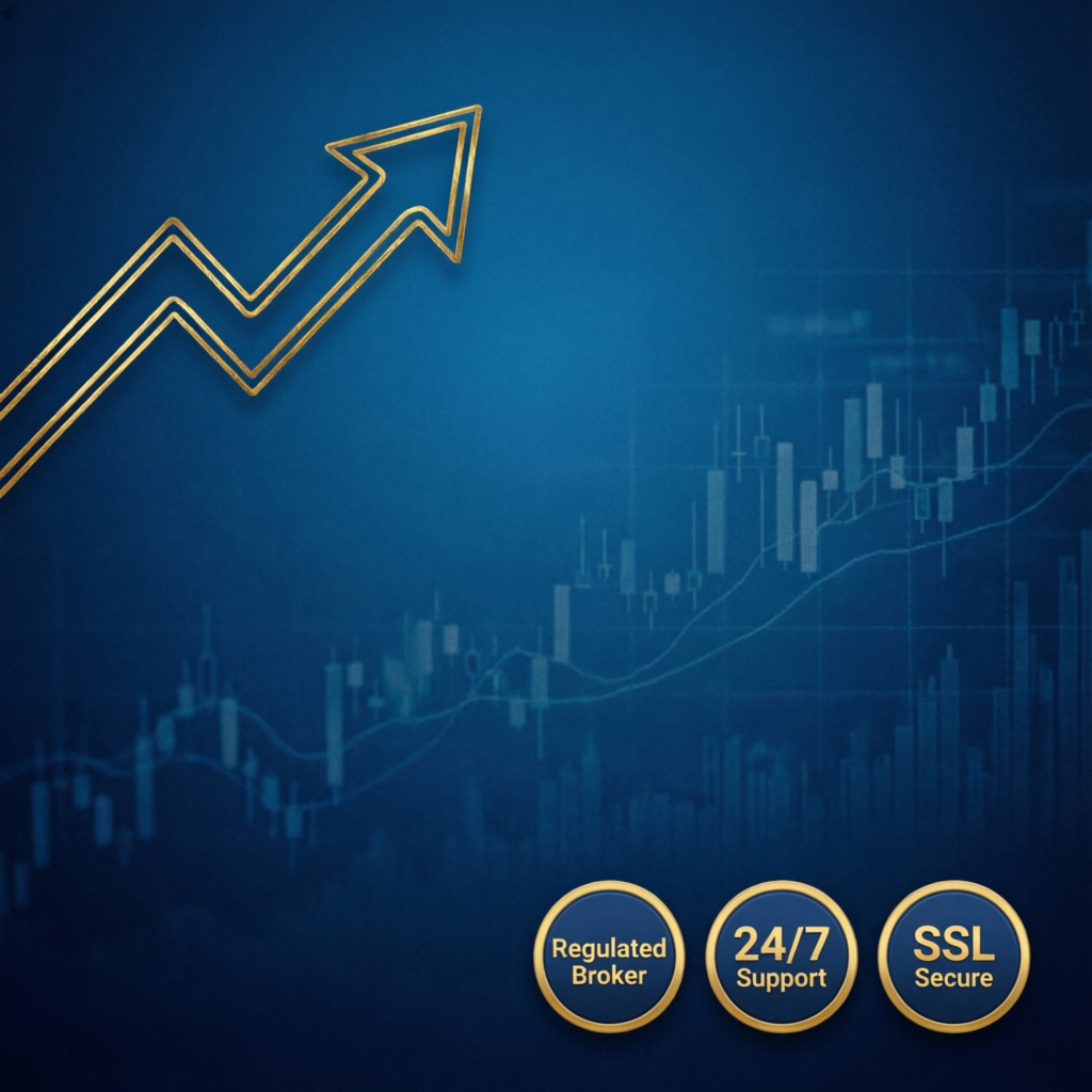 Professional forex trading call to action background with upward trend and trust badges
