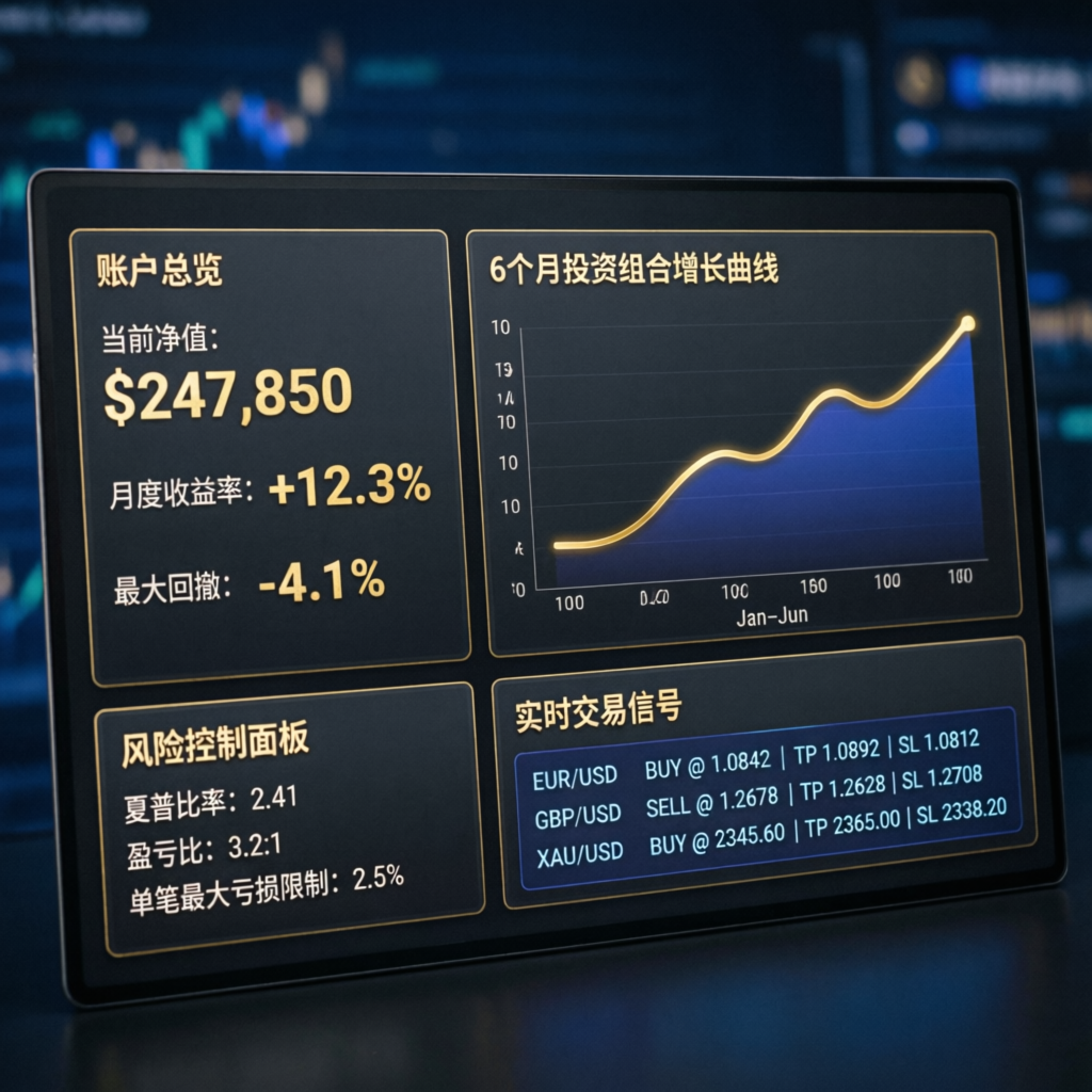 Professional forex account management dashboard showing portfolio overview, performance metrics, and risk management data