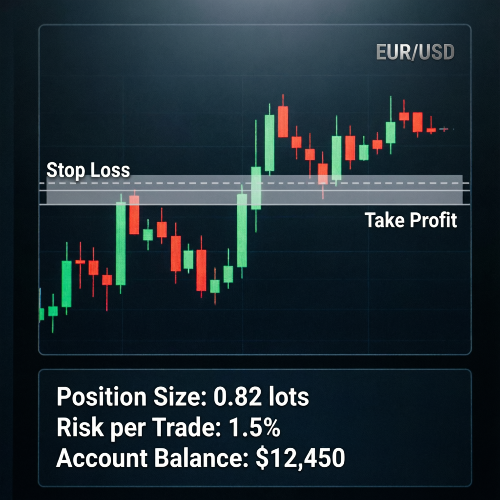 Risk management overlay on forex chart showing stop loss, take profit, and position sizing calculations