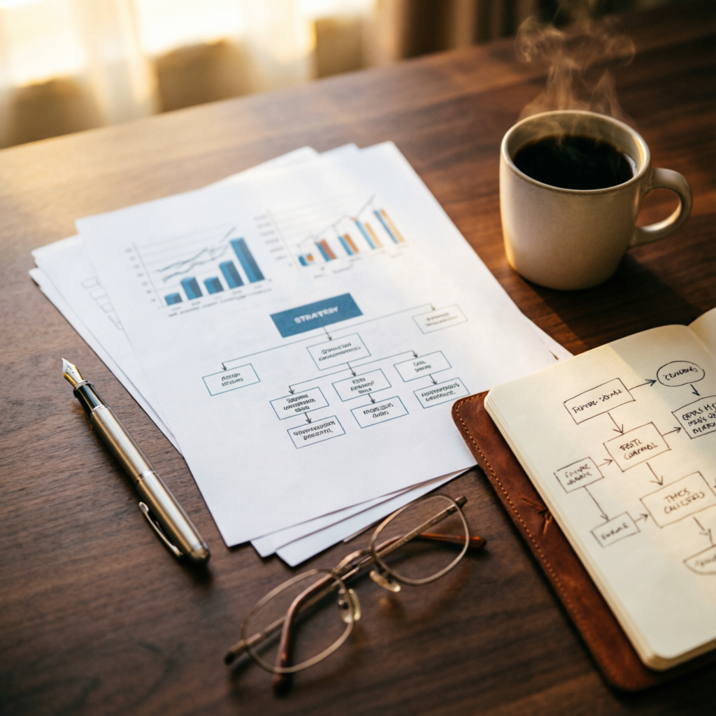 Escritorio de trabajo con documentos de planificación estratégica, diagramas y notebook