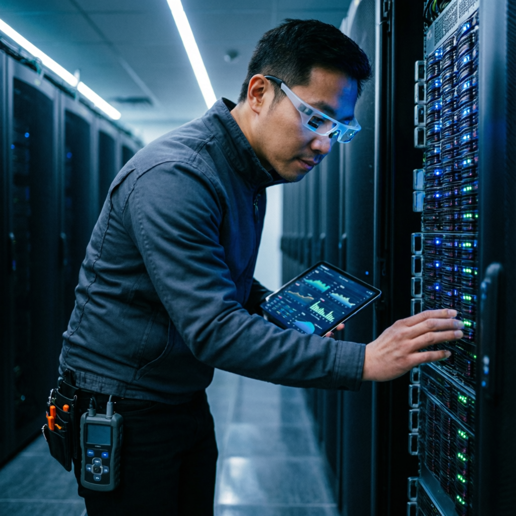 Ingeniero de DIGITAL PERÚ monitoreando servidores en datacenter Tier III