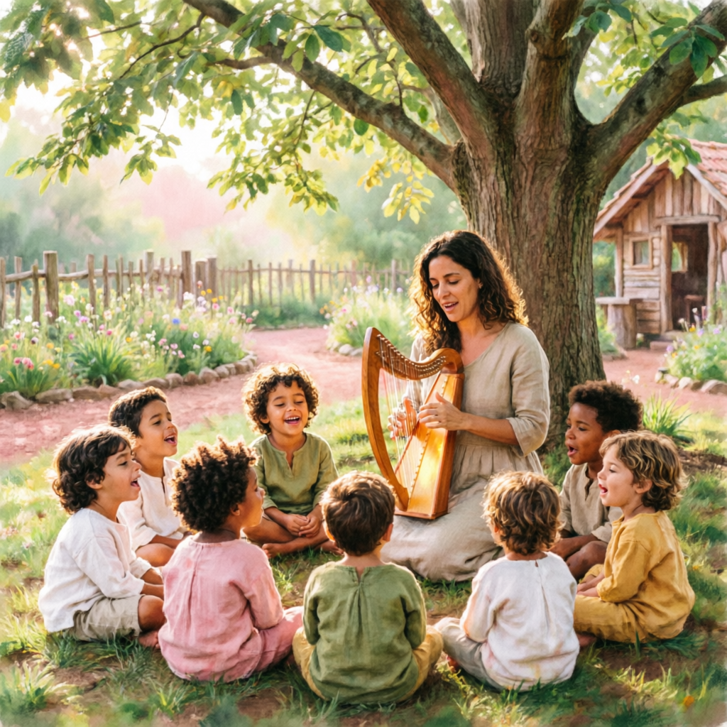 Roda de canto com professora e crianças no jardim