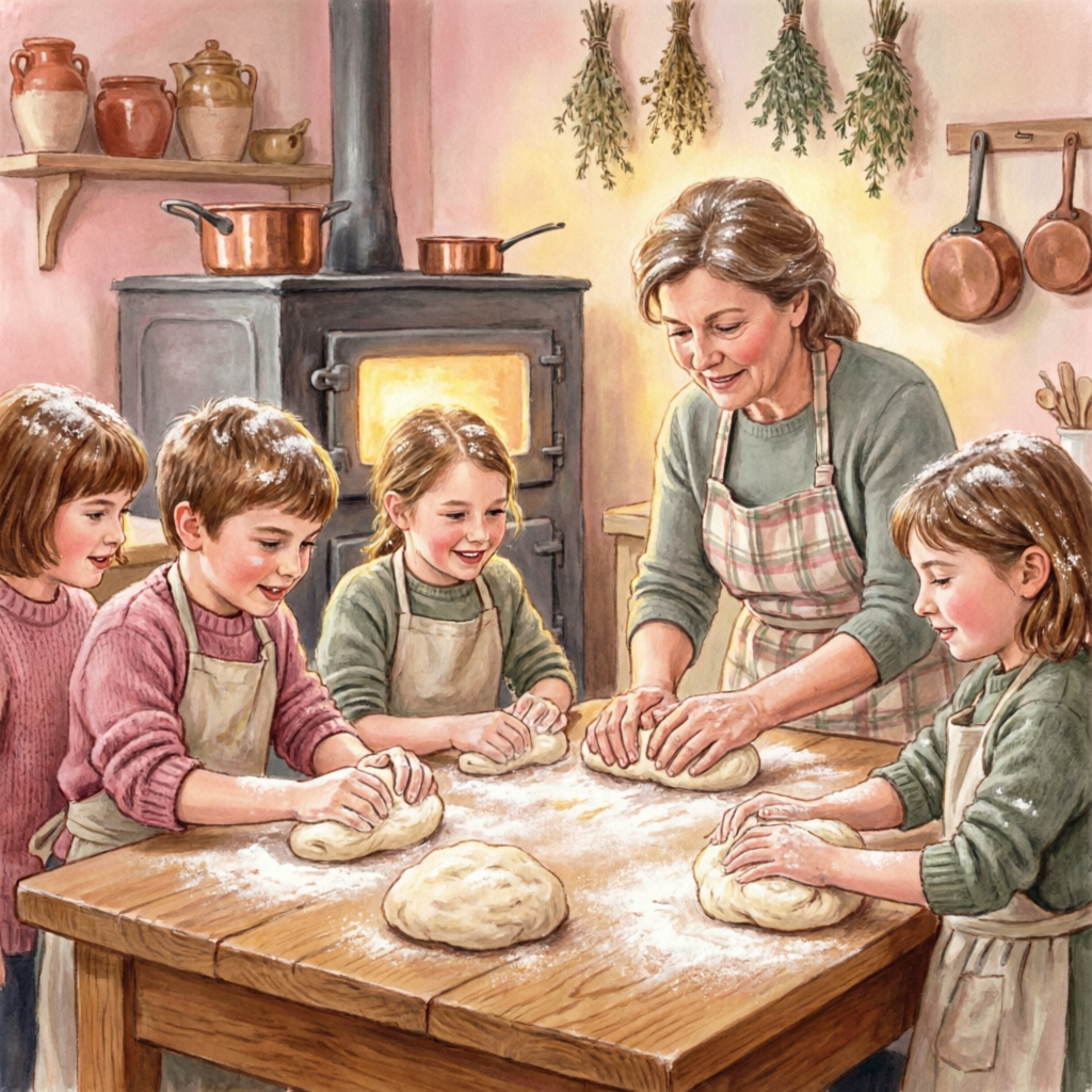 Crianças amassando pão na cozinha