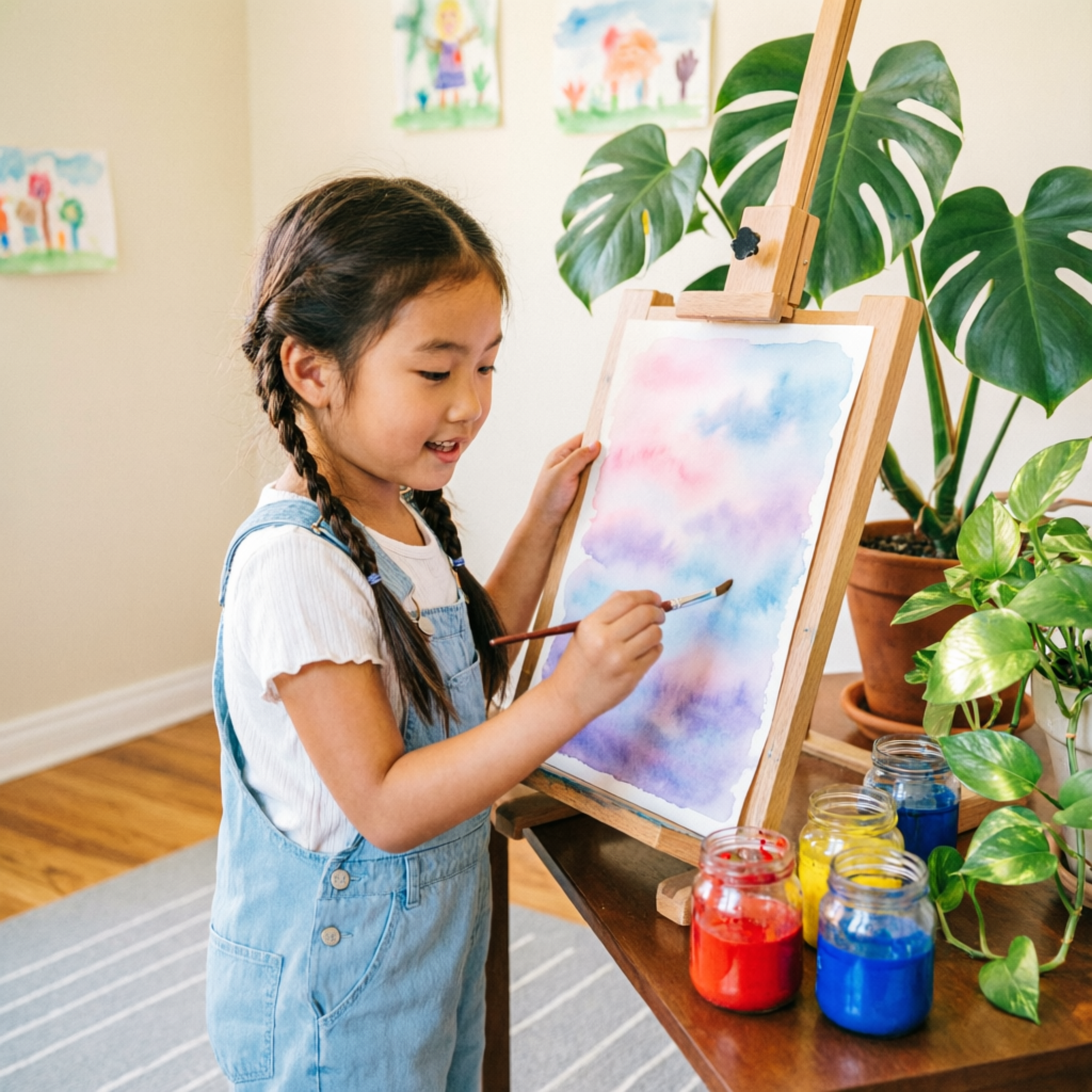 Criança pintando aquarela no cavalete