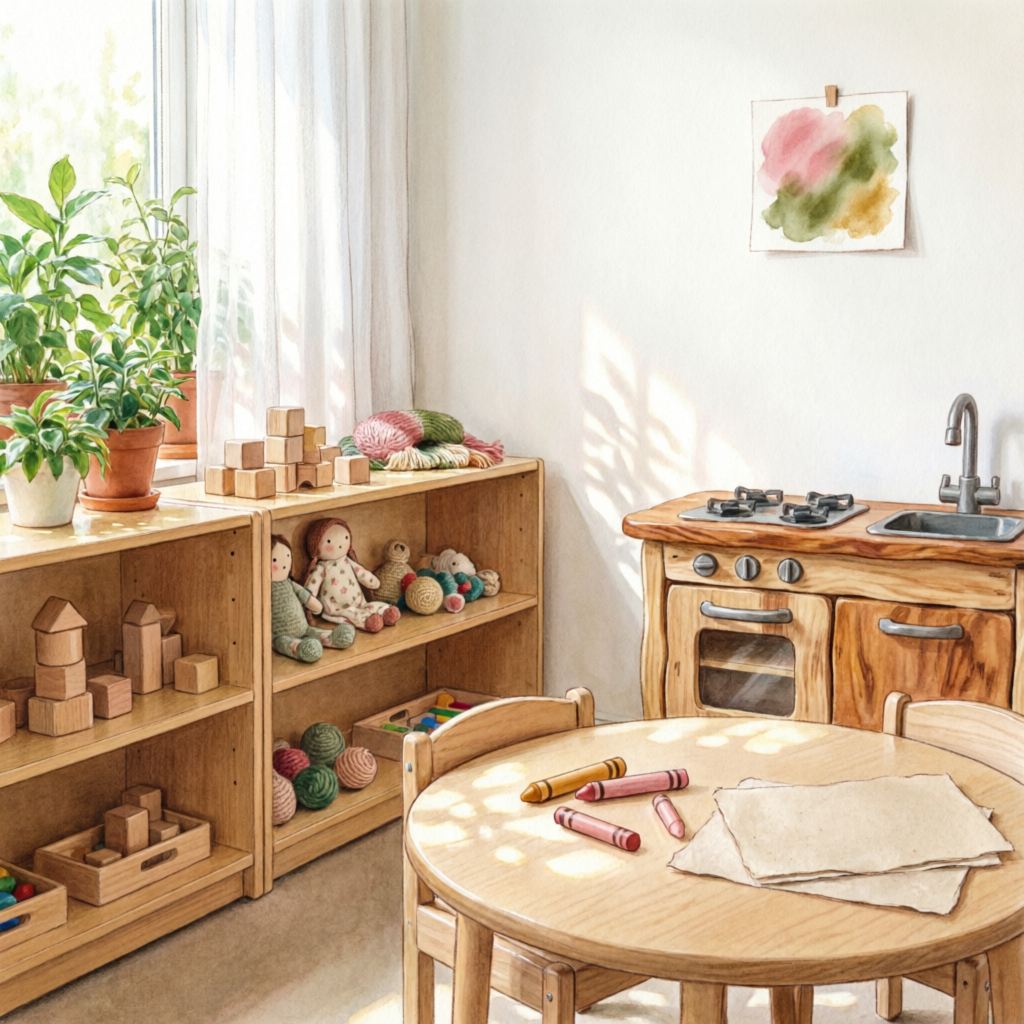 Sala de aula Waldorf com brinquedos de madeira e luz natural