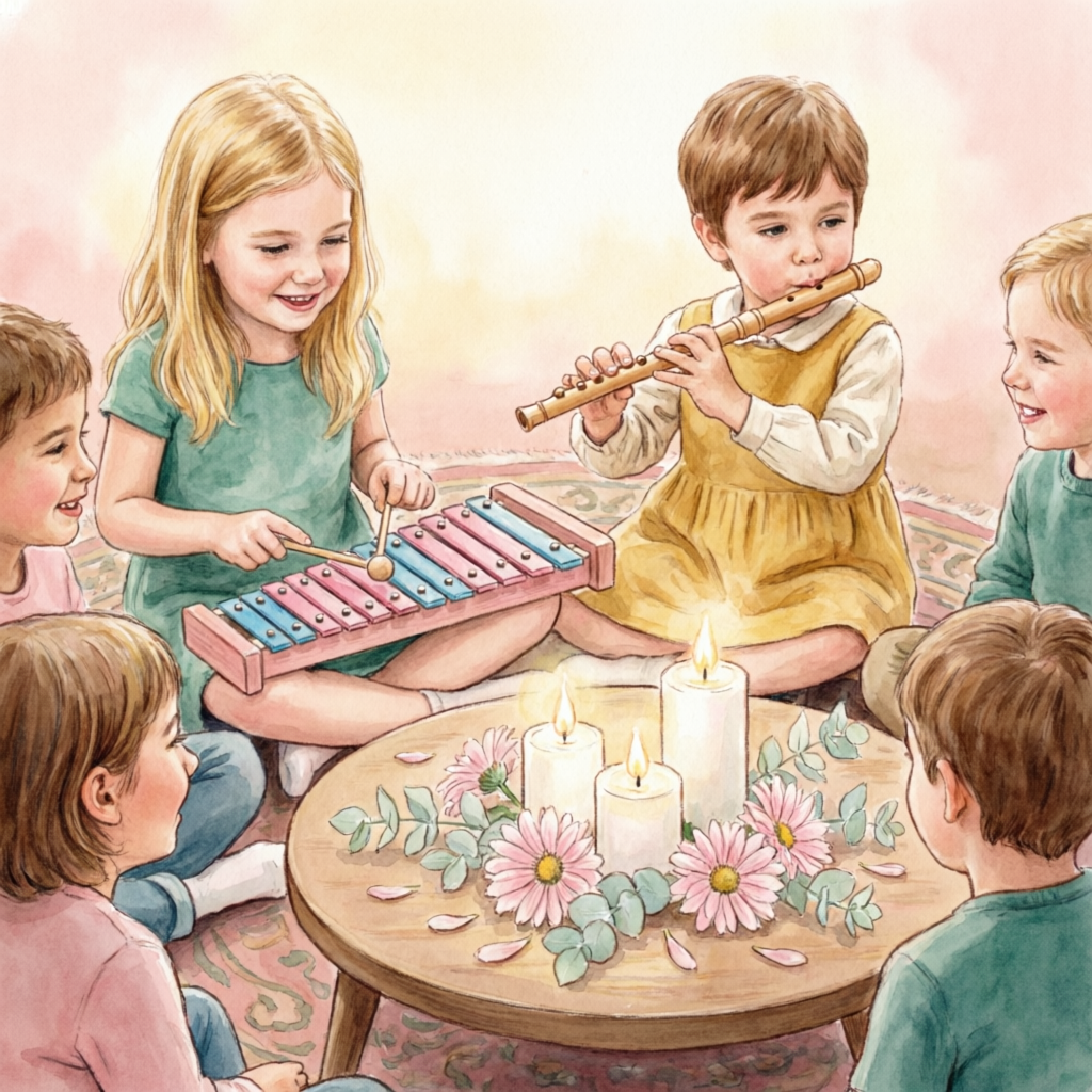 Crianças tocando instrumentos na roda de música