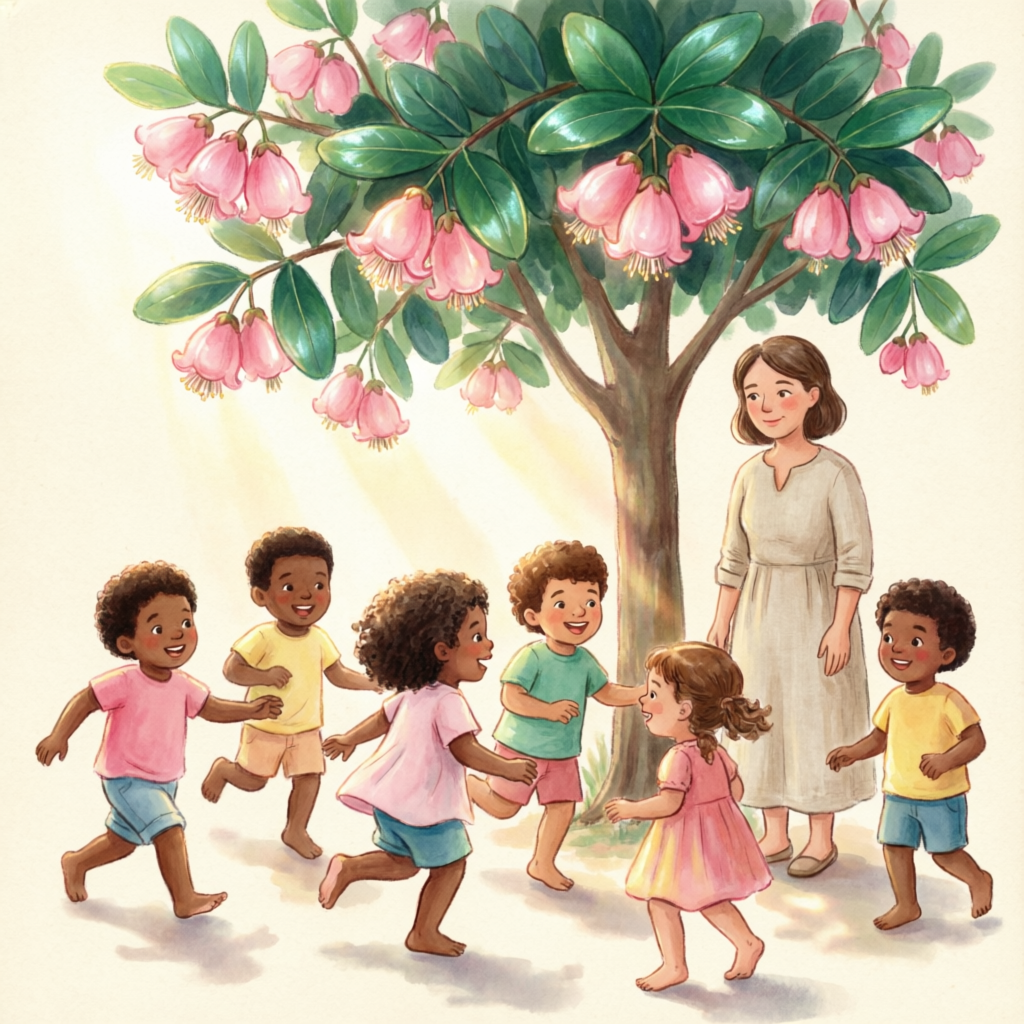 Crianças brincando sob uma árvore de jambo em flor no jardim da escola