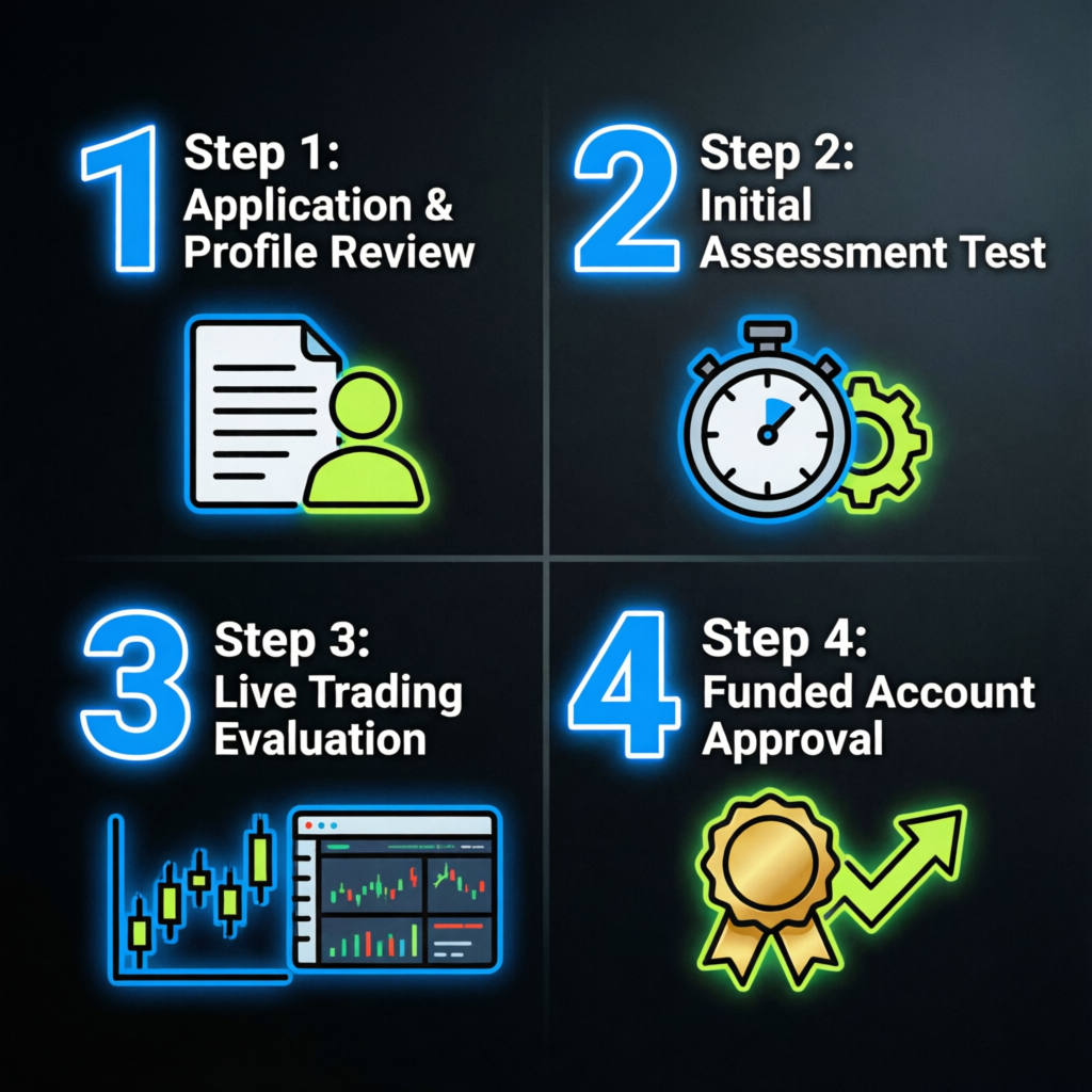 Step-by-step prop firm evaluation process infographic