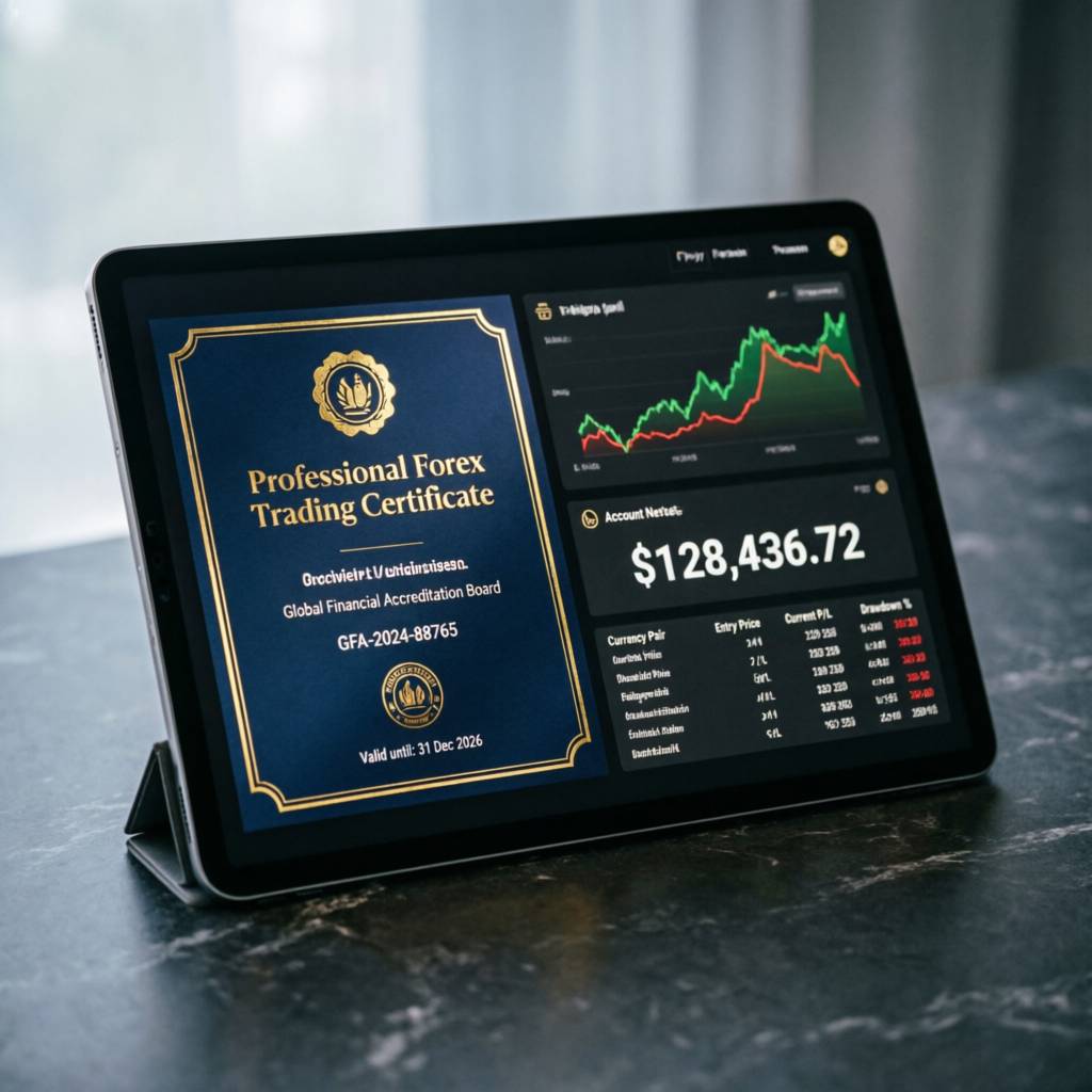 Professional Forex Trading Certificate and verified portfolio dashboard