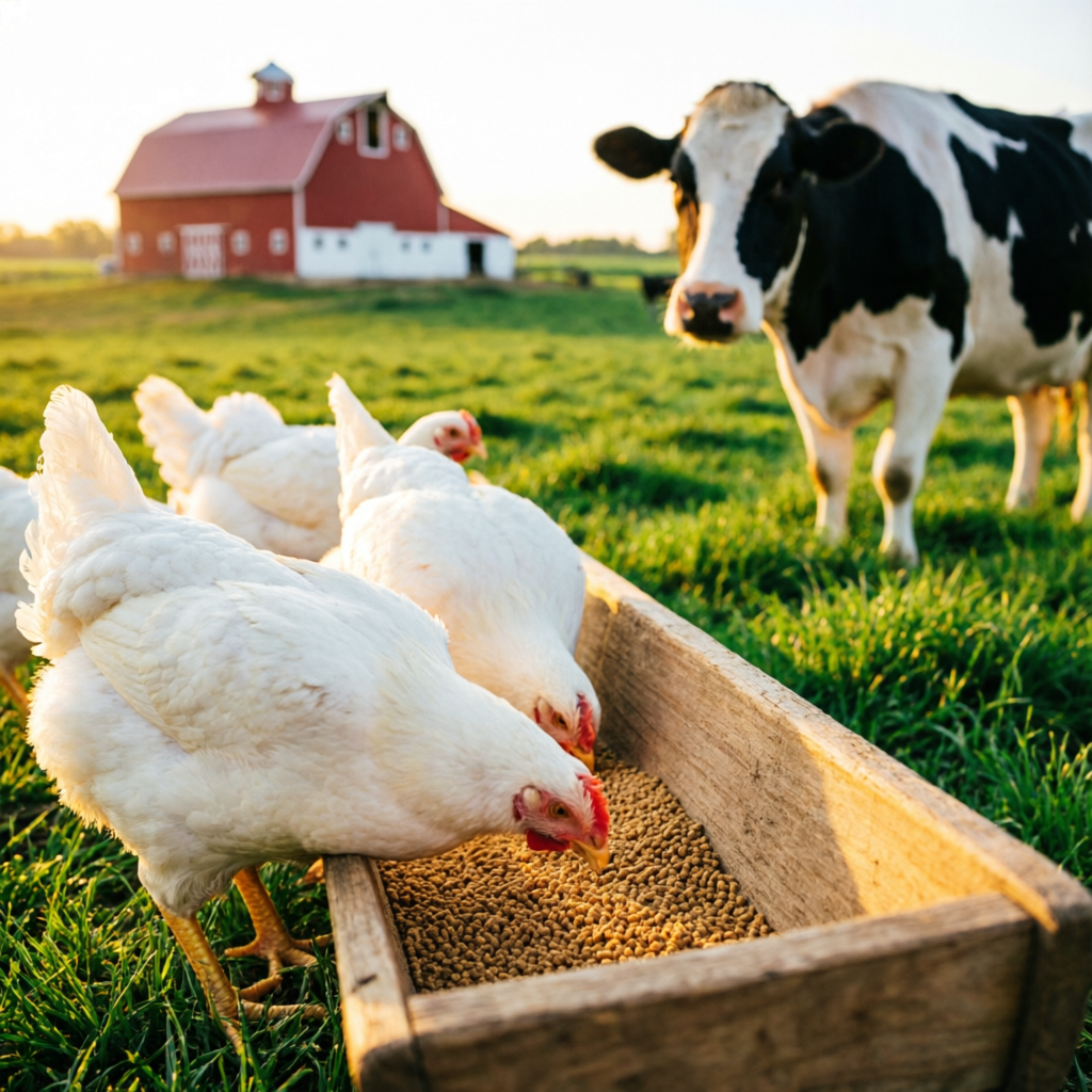 Chickens and cow eating premium feed