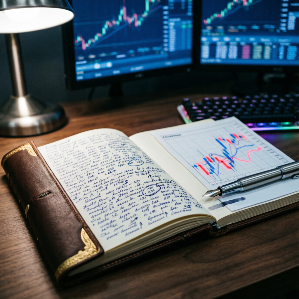 Premium leather trading journal with handwritten forex notes and charts - professional trading documentation
