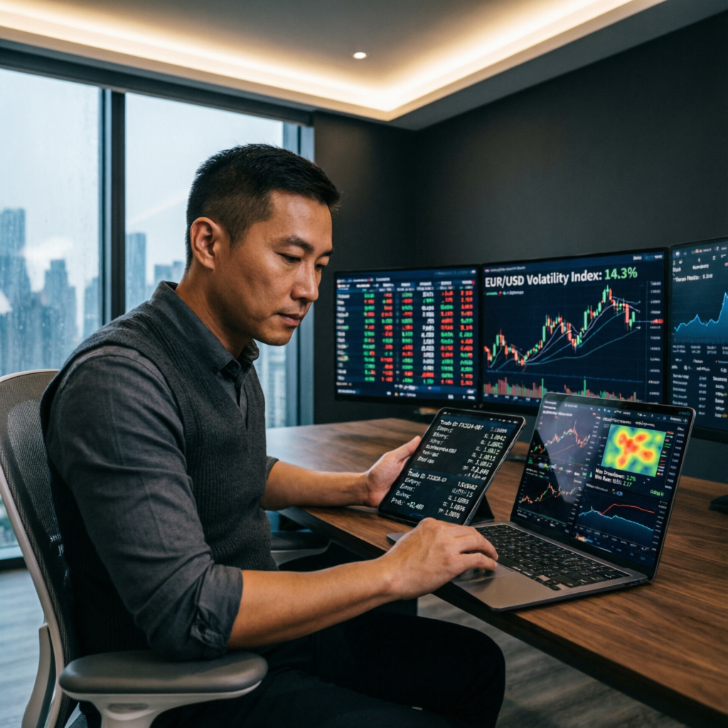 Forex trader using digital trading journal on tablet and laptop with multiple chart screens