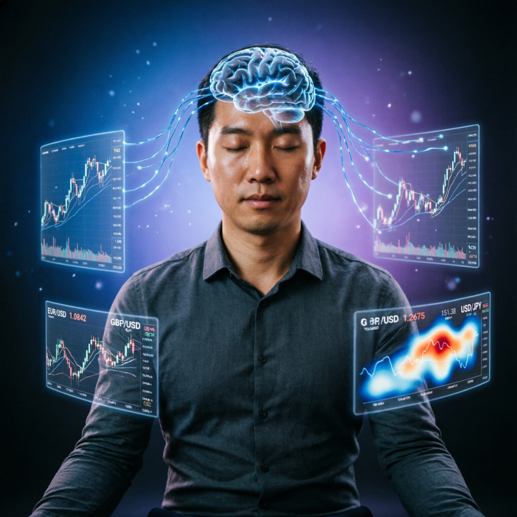 Trading psychology and mindset concept showing trader with mental focus and floating forex charts