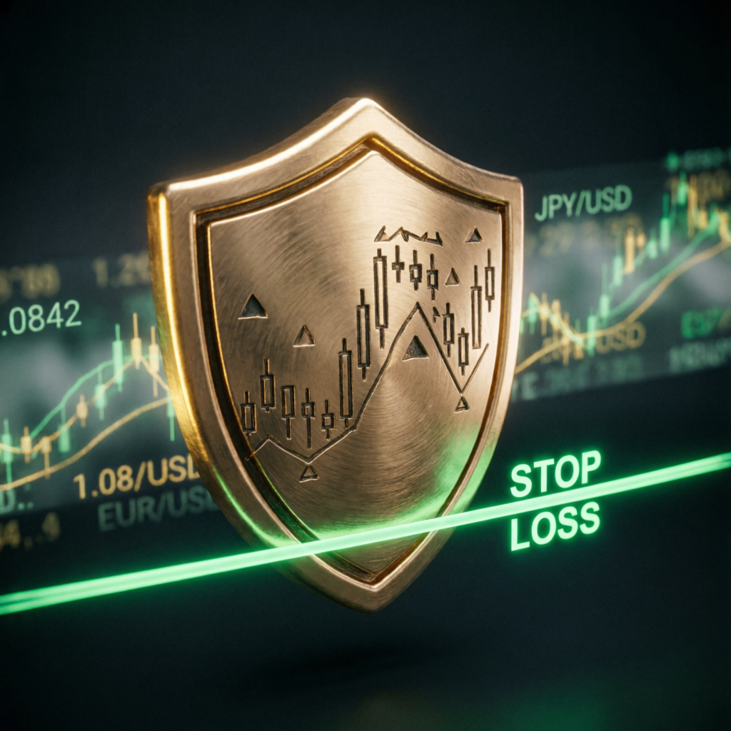 Risk management concept with shield and stop loss protection for forex trading