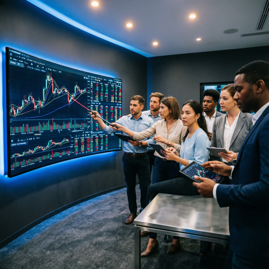 Professional forex trading team analyzing charts and trading journal data together