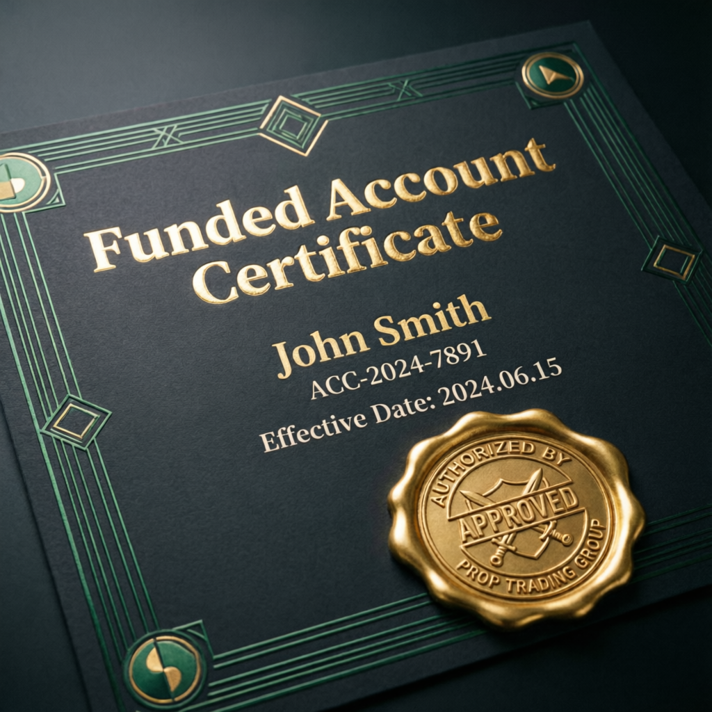 Funded Account Certificate with gold seal - PFM Capitals prop firm passing service
