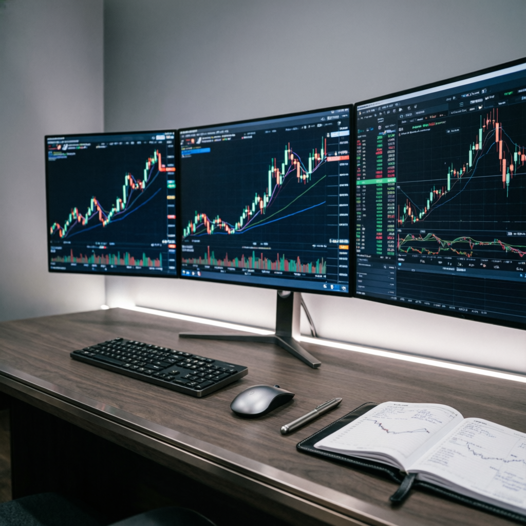Professional trading desk setup with multiple monitors showing forex charts and trading journal - PFM Capitals prop firm passing service