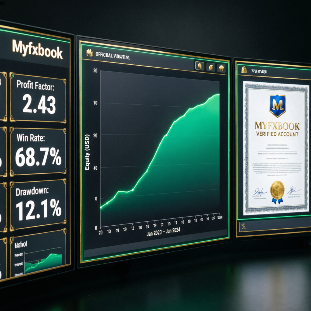 Myfxbook verified trading results showing profit factor, win rate, and drawdown metrics for PFM Capitals funded account management