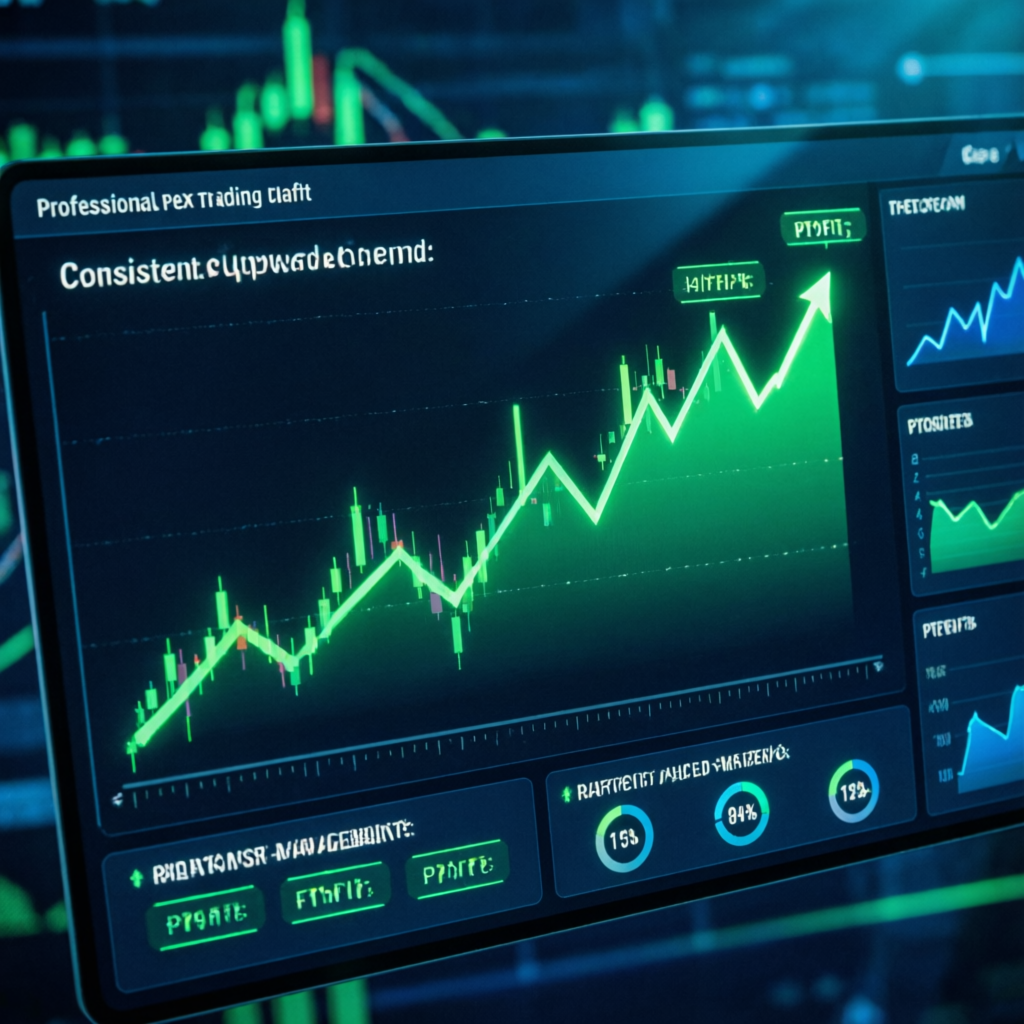 Professional forex trading profit chart showing consistent upward trend with risk management metrics