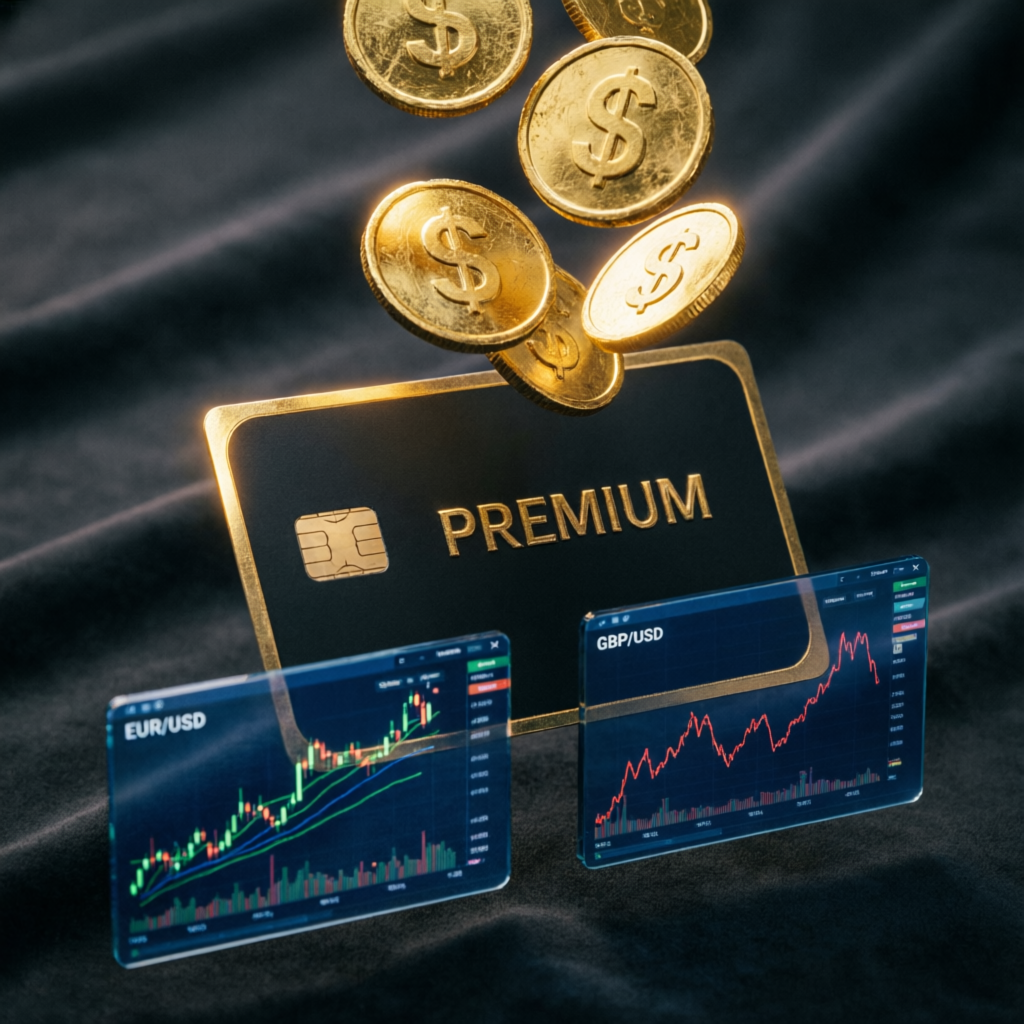 Premium funded trader payout with gold coins and trading charts