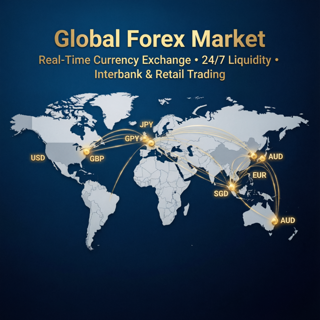 Global forex market world map with currency connections
