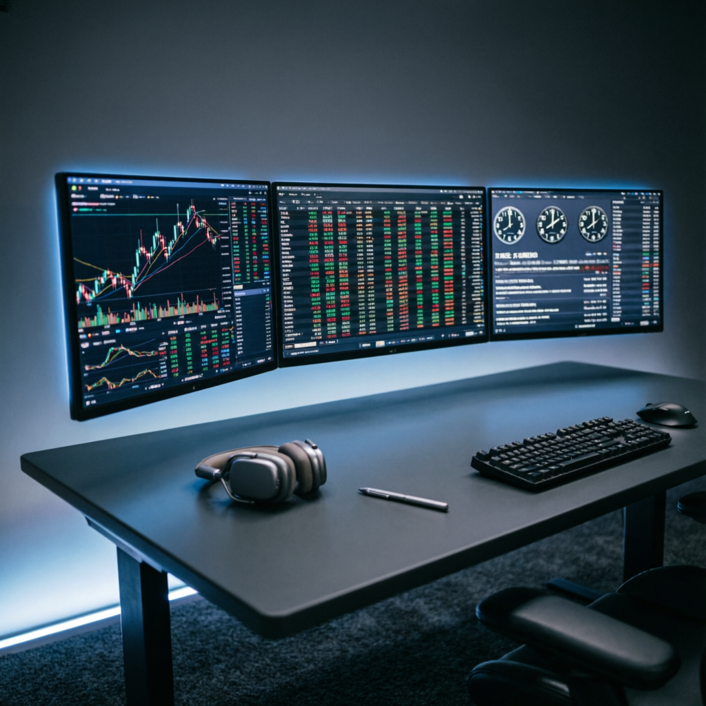Modern trading workstation with multiple screens showing forex data