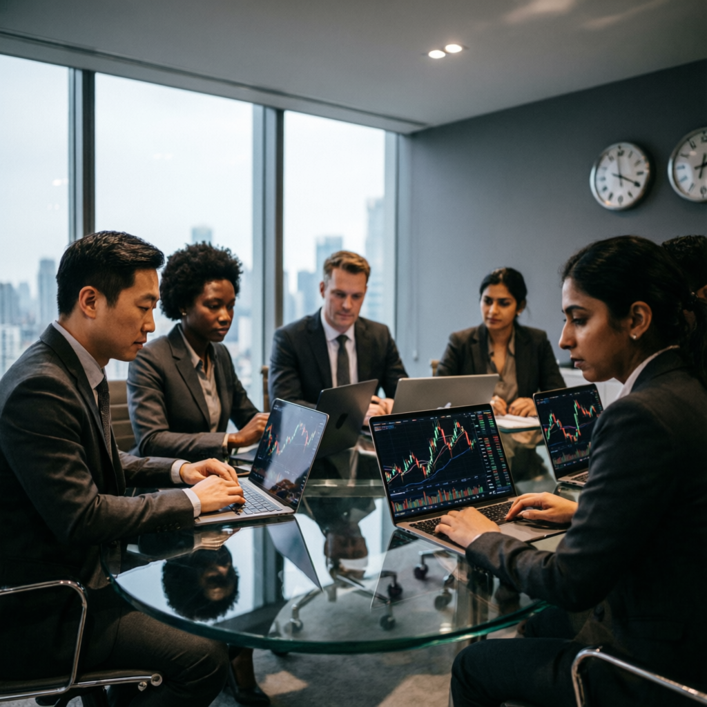 Professional team of forex traders analyzing market data
