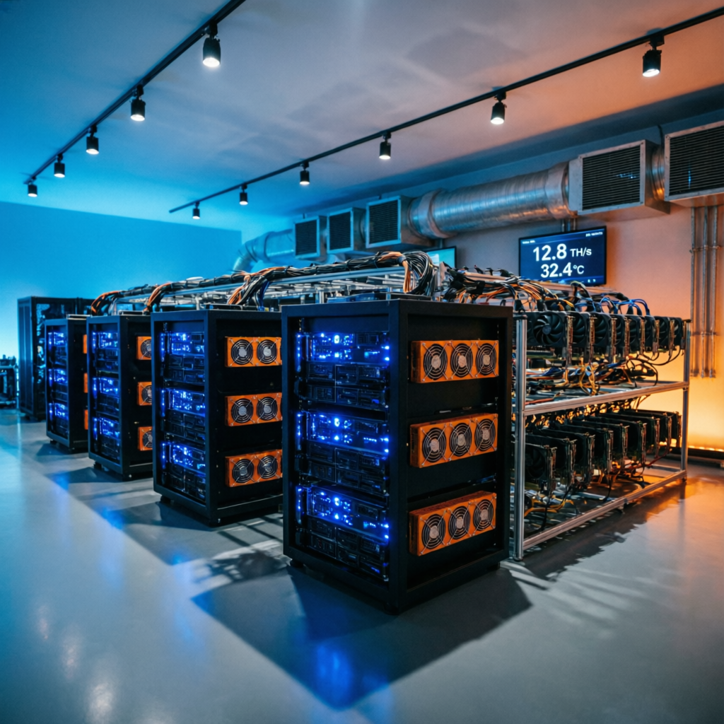 Farm de mineração de criptomoedas com equipamentos ASIC e GPU em 2026