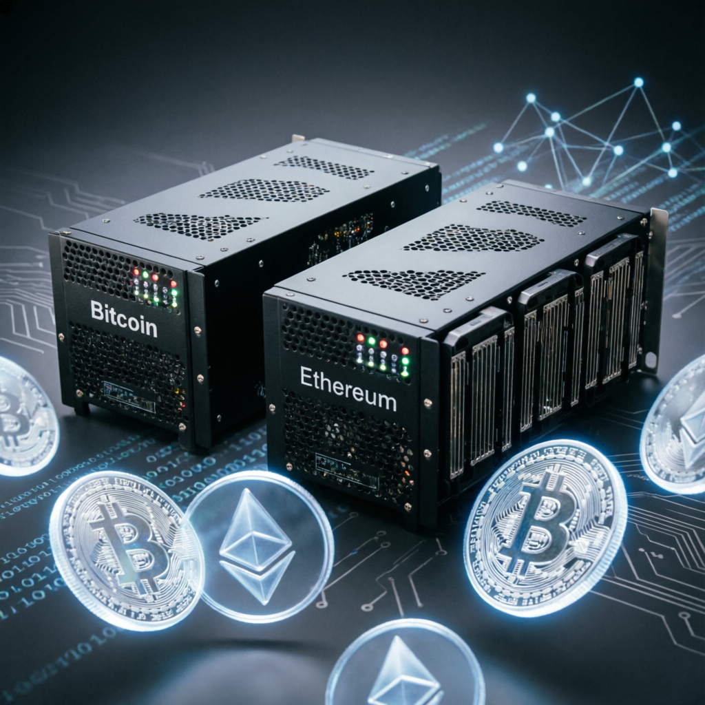 Equipamentos de mineração Bitcoin e Ethereum com moedas digitais