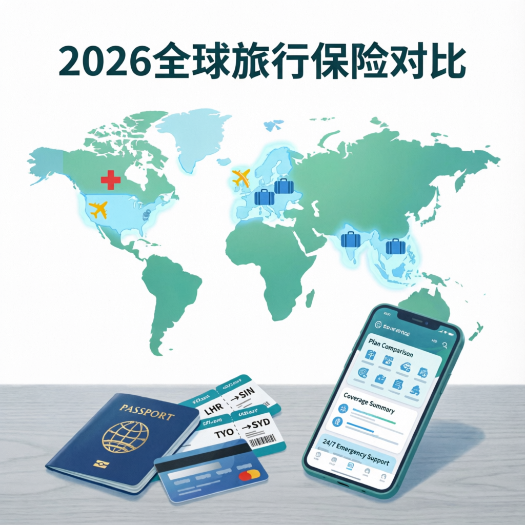Comparativo de seguro viagem 2026 com mapa mundial, passaporte, passagens aéreas e aplicativo de seguro no smartphone