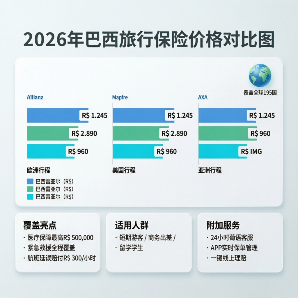 Gráfico comparativo de preços de seguro viagem 2026 para diferentes destinos mostrando Europa, EUA e Ásia com valores em Reais