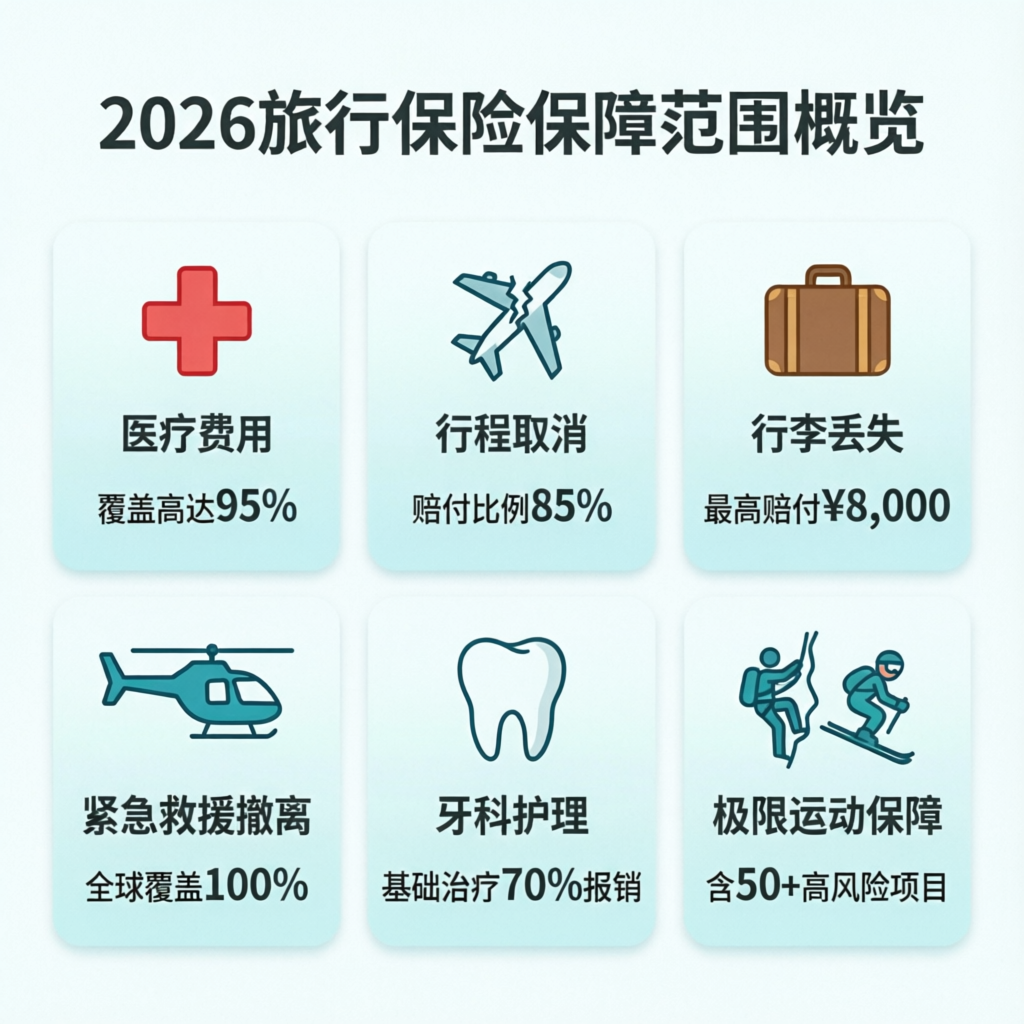 Infográfico de coberturas de seguro viagem 2026 mostrando despesas médicas, cancelamento de viagem, bagagem extraviada, evacuação de emergência, cuidados dentários e esportes de aventura