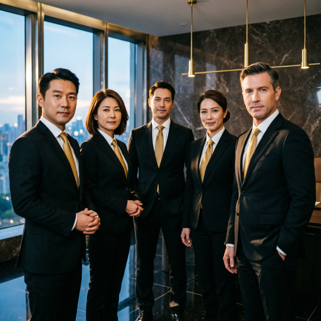 Premium team of financial consultants in luxury dark office with gold accents