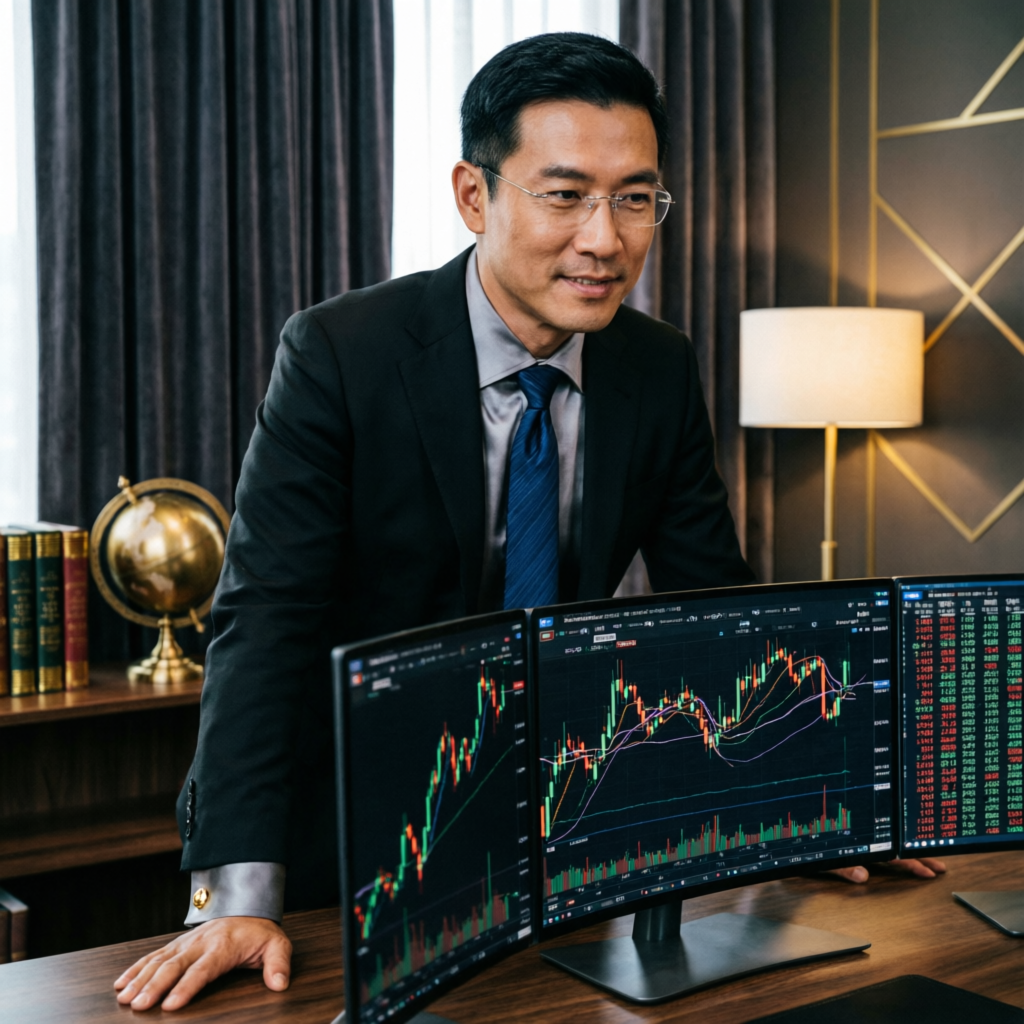 Professional forex trader analyzing multiple trading monitors with candlestick charts