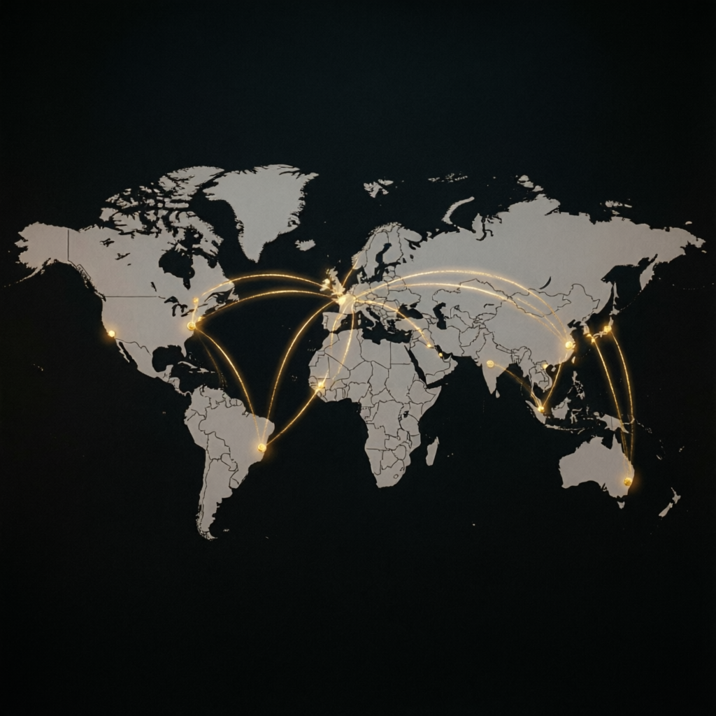 Luxury global trading concept with world map and gold connection lines