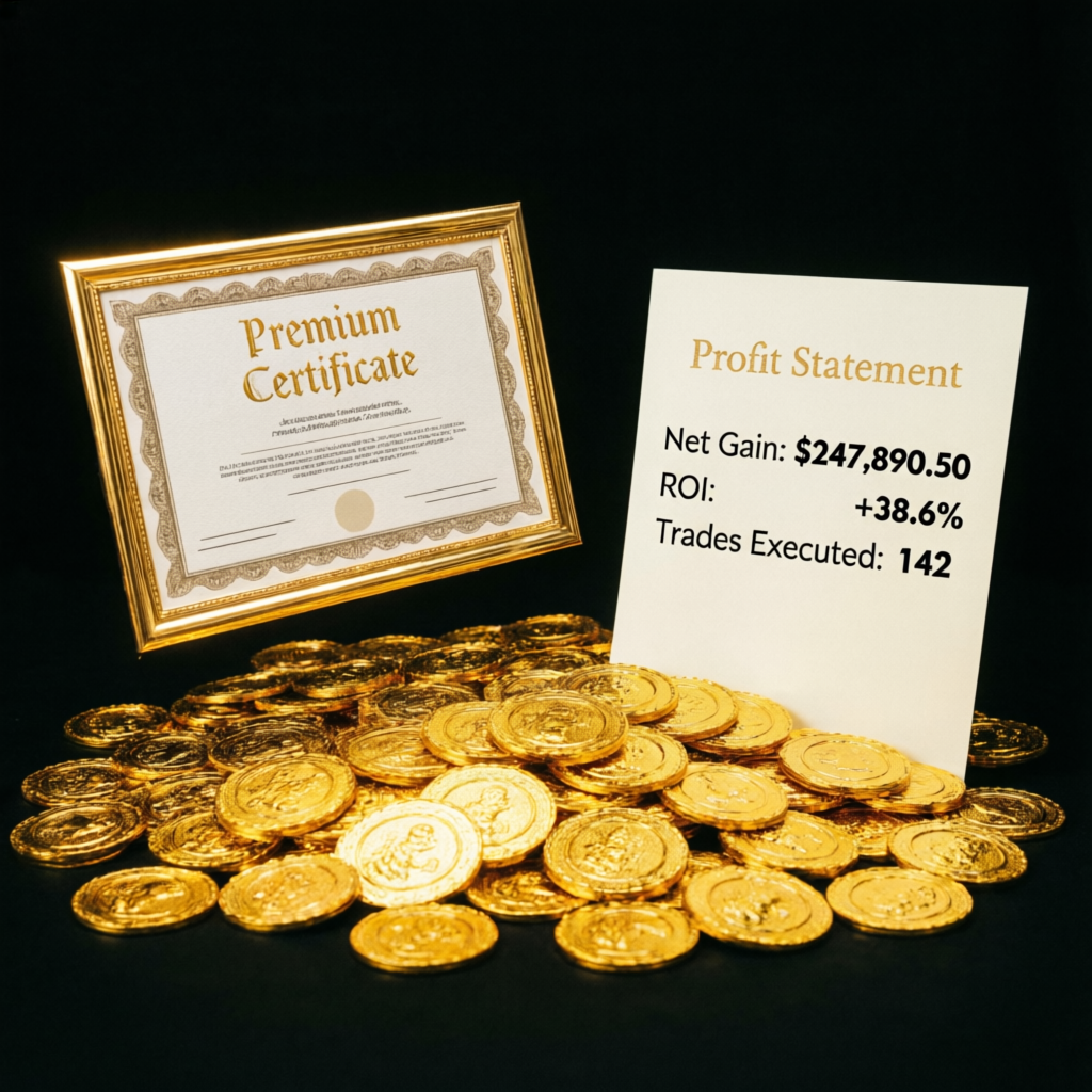 Luxury payout success with gold coins and profit certificate showing funded trader achievement