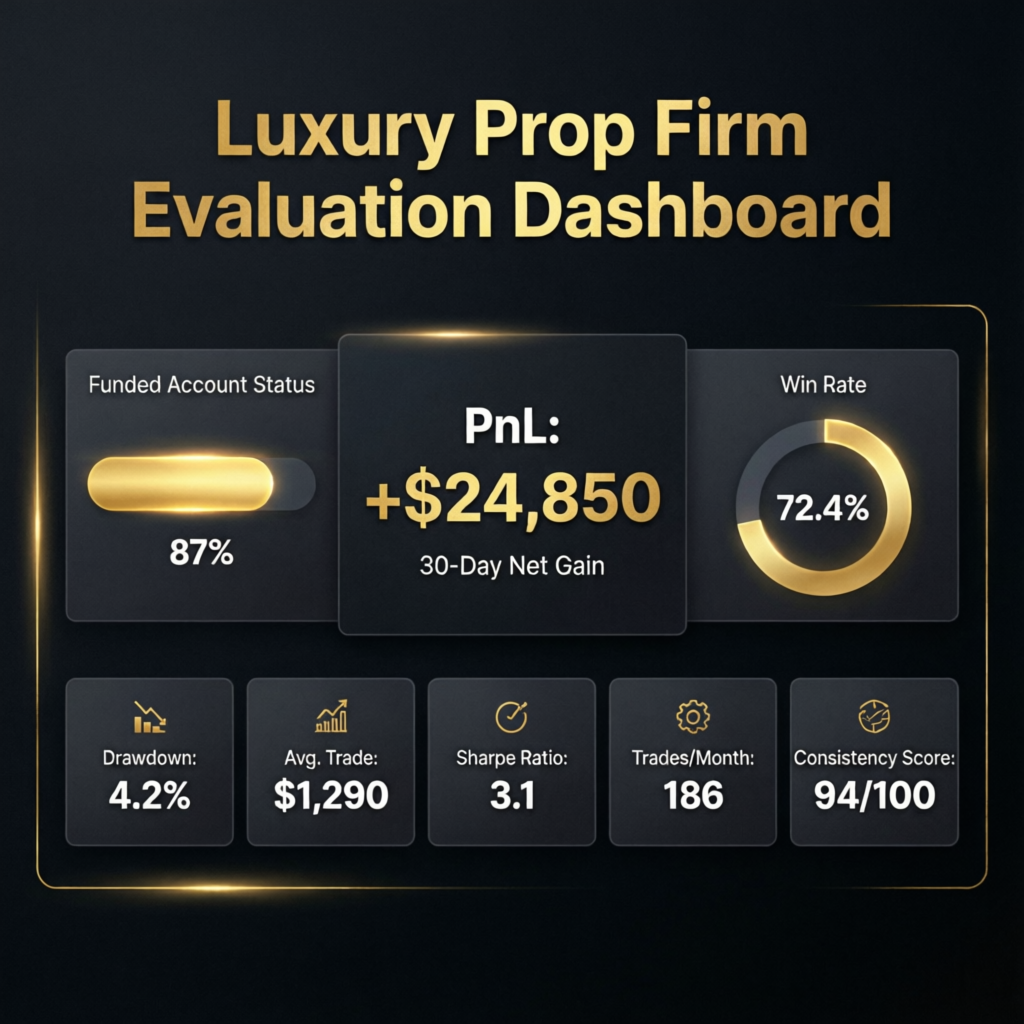 Luxury prop firm evaluation dashboard showing PnL metrics and performance statistics