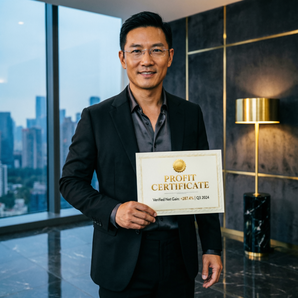 Successful trader holding profit certificate in luxury office with city view