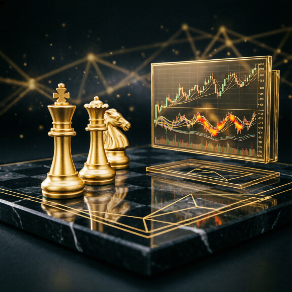 Premium trading psychology concept with gold chess pieces and trading charts