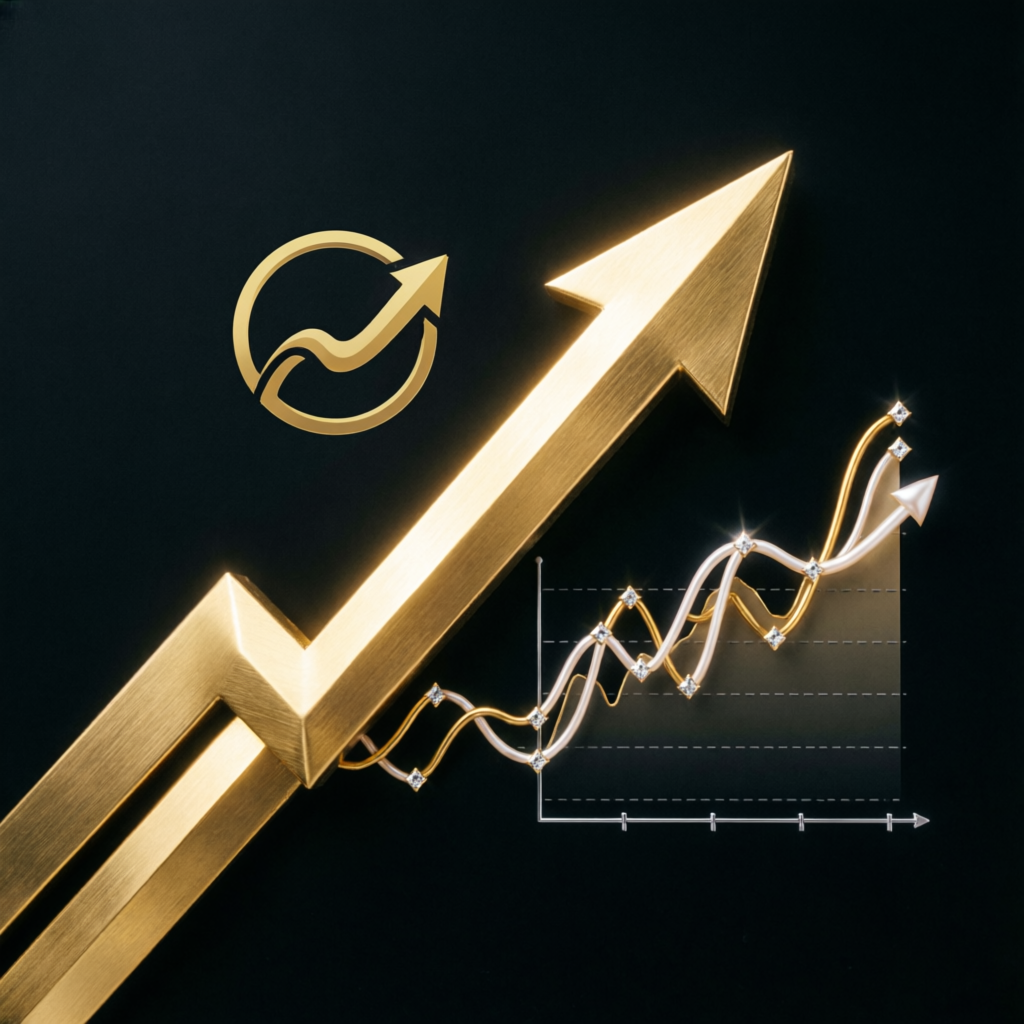 Luxury financial growth visualization with rising gold arrow and premium stock charts